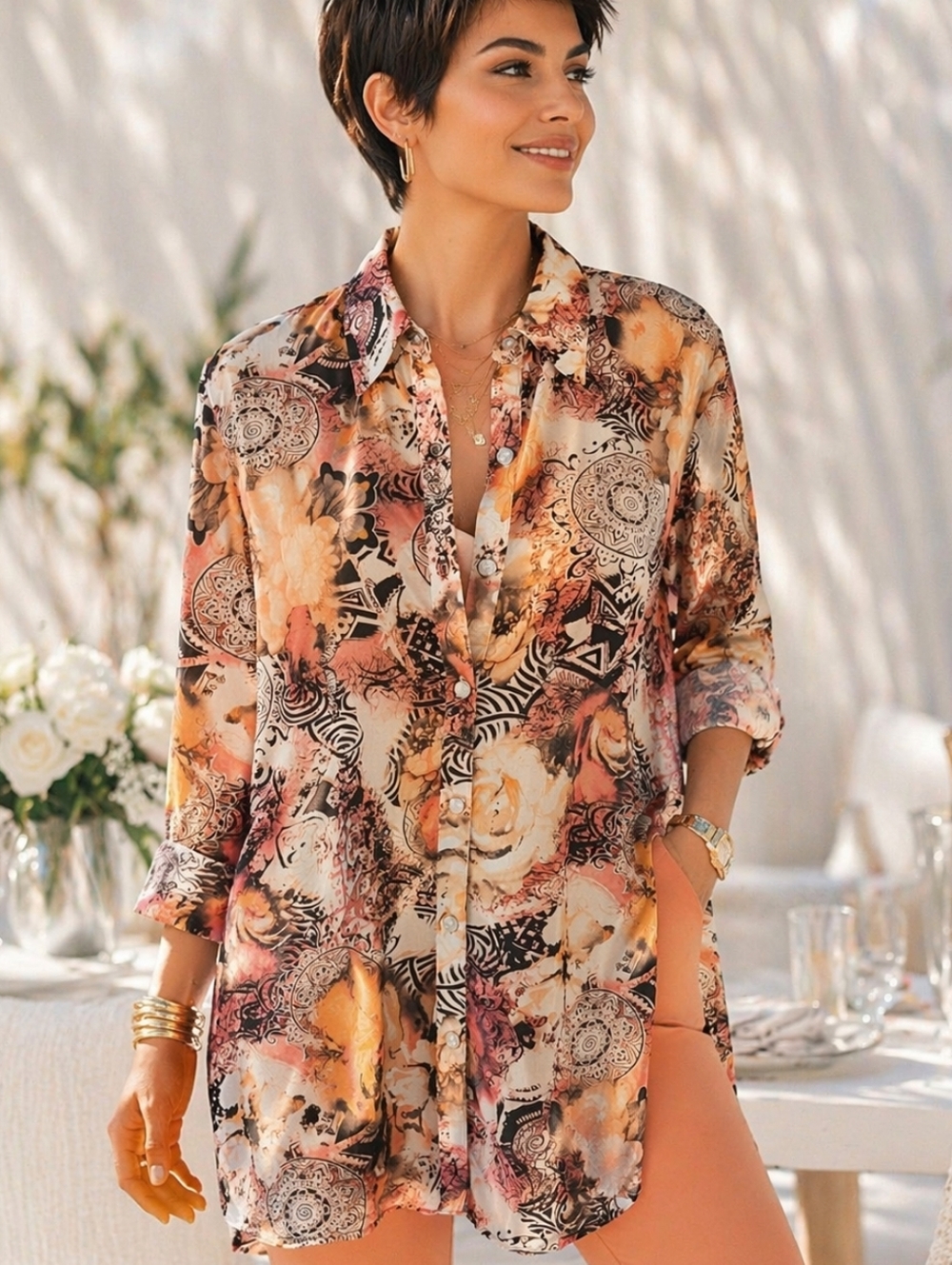 FIORI💝Button-Front Floral-Paisley Tunic in Brown&Orange Slightly Sheer Sz XL